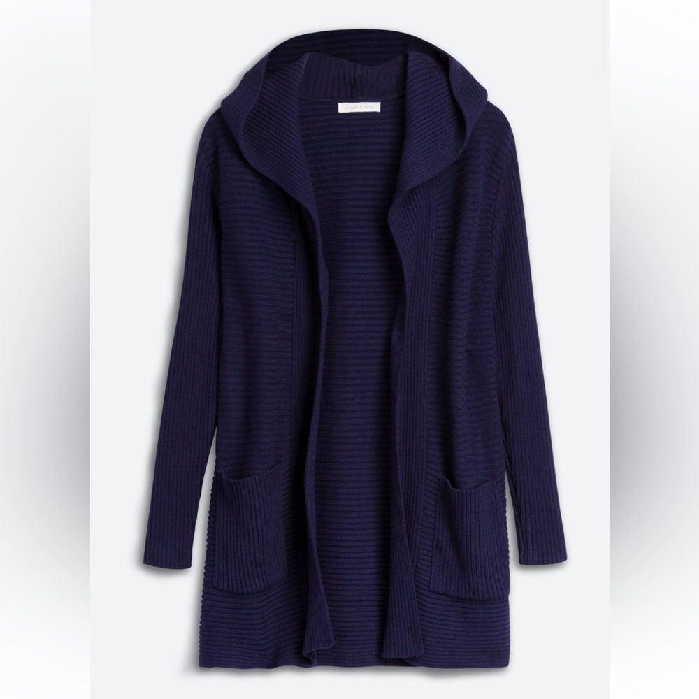 Honey Belle Deep Blue Judee Ribbed Hooded Open Front Cardigan Sweater w/ Pockets